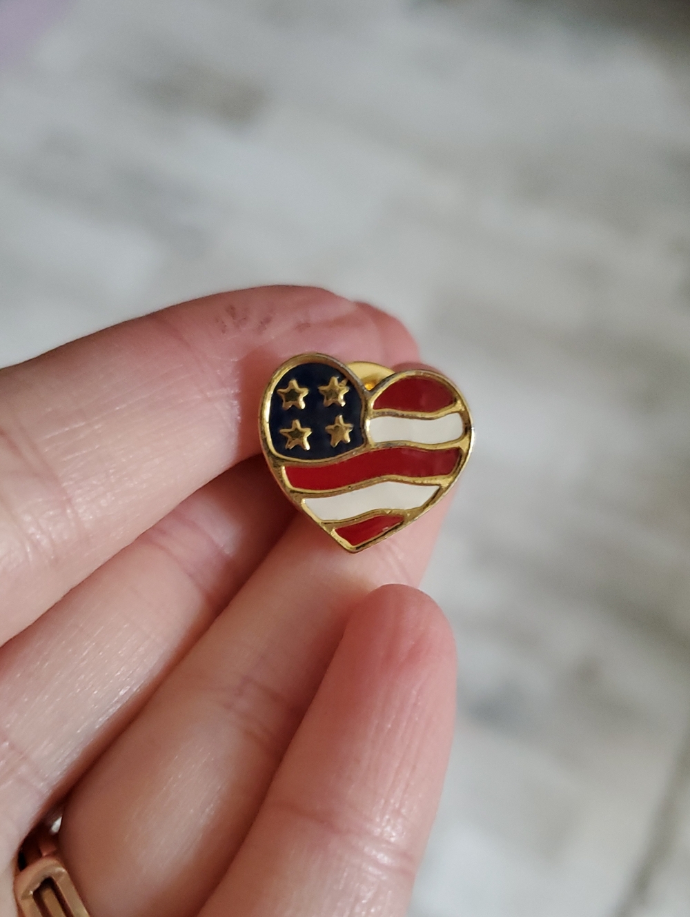 Vintage Avon Patriotic Heart Flag Lapel Pin - Gold Tone, Red White Blue